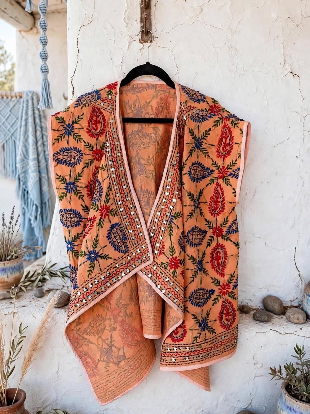 Embroidered Peach Boho Open-Front Women's poncho Handmade with mirror